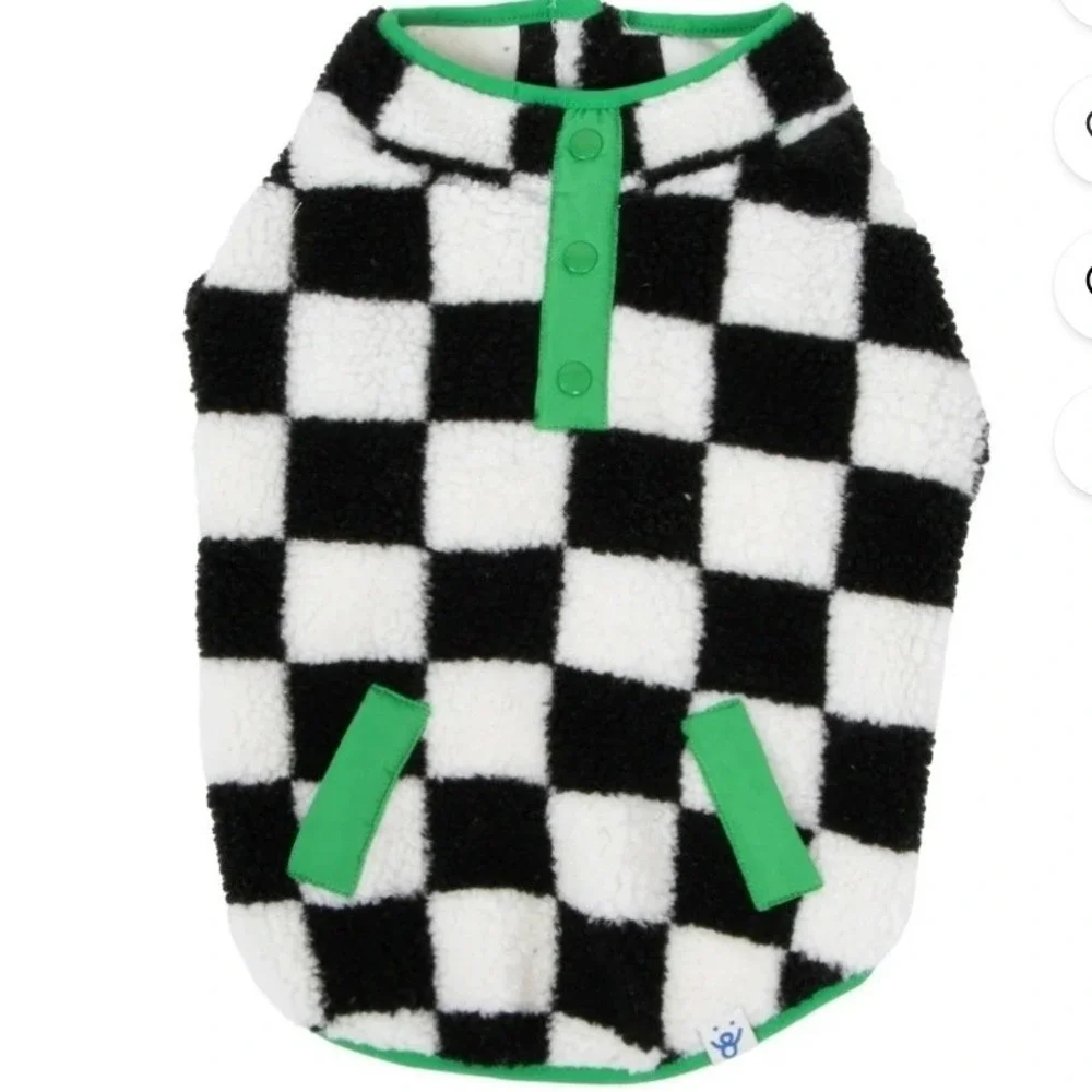 XS Checkered Sherpa Dog Jacket Oodles Black White Green Cozy Fall Pet Coat